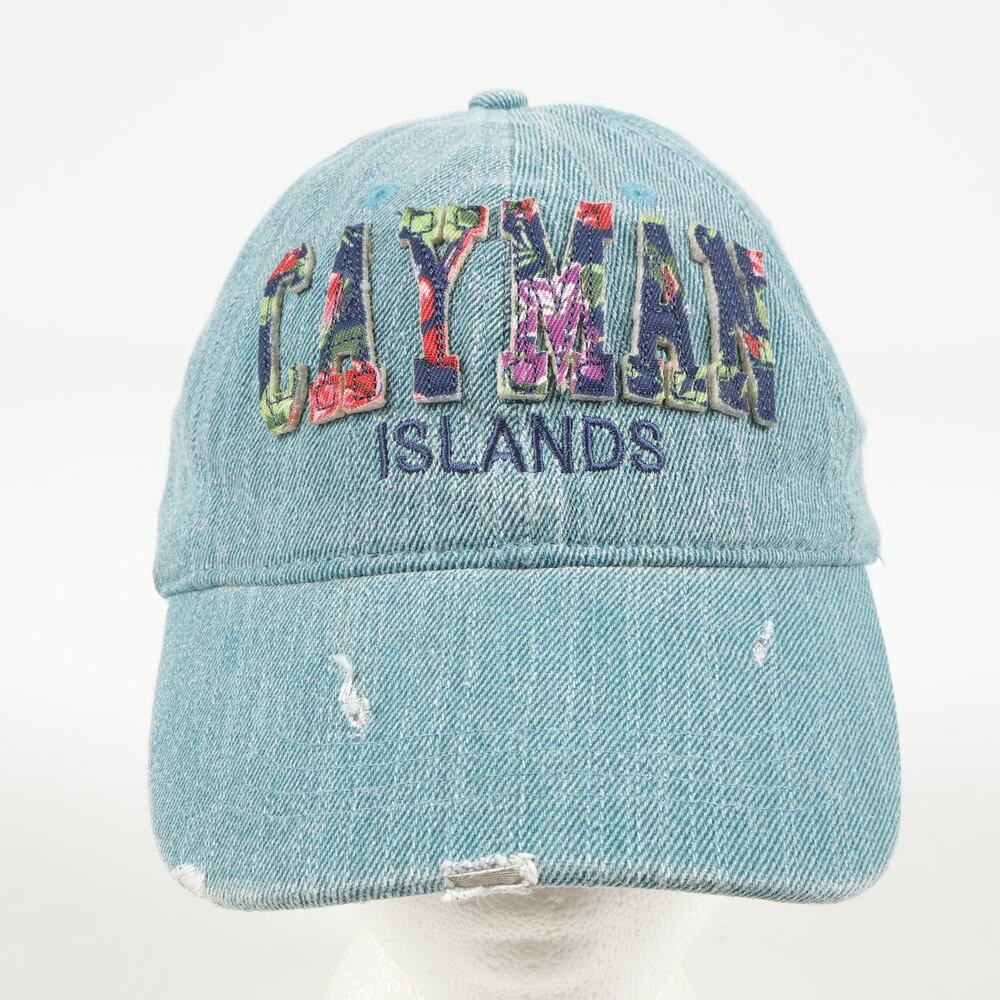 Cayman Islands Embroidered Distressed Blue Floral Packable Strapback Hat